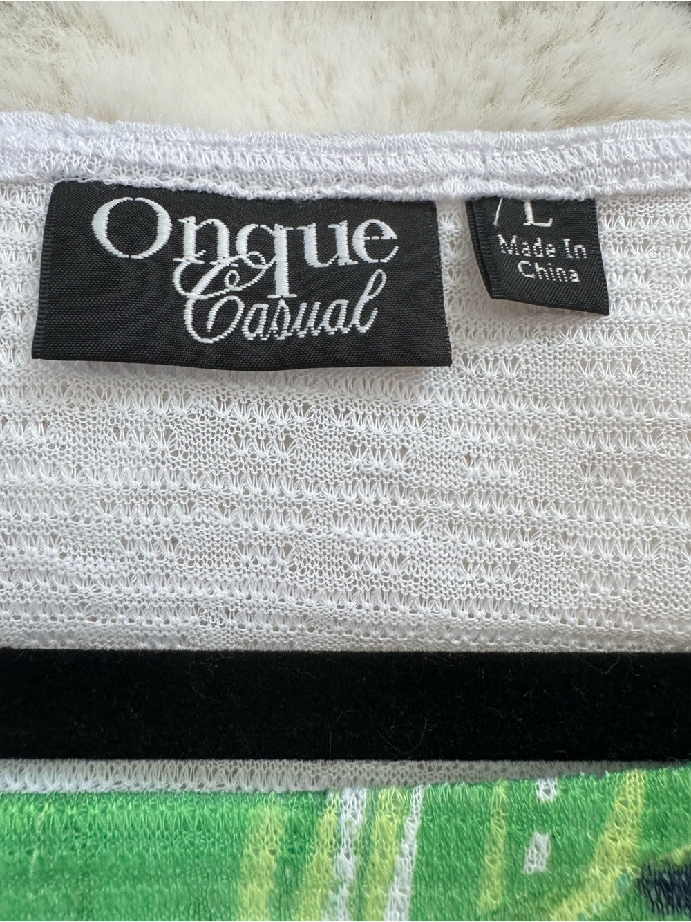Onque Casuals White Top with Black Trim and Green Print - Picture 6 of 8